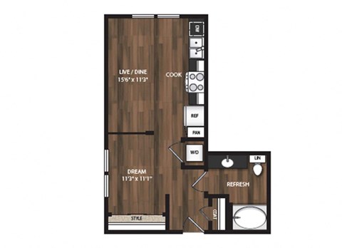 Floor plan for studio, 1 bath, 524 sqft